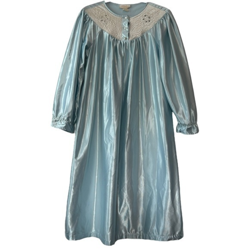 Cachet Vintage Satin Long Sleeve Baby Blue Gown Quilted Three Button‎   Sz M